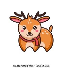 Cute deer with red scarf. Funny cartoon animal simple flat design.
