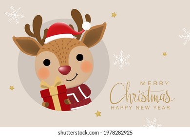 Cute deer, reindeer with red gift in winter costume. Merry Christmas and happy new year greeting card.  Animal holidays cartoon character set.