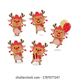 Cute deer, reindeer in winter costume with red gift. Merry Christmas and happy new year greeting card.  Animal holidays cartoon character set.