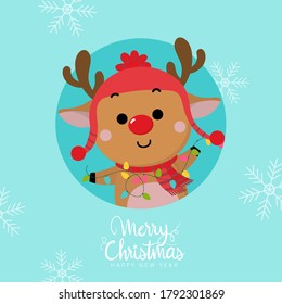 Cute deer, reindeer in winter costume with light bulbs. Merry Christmas and happy new year greeting card.  Animal holidays cartoon character set.