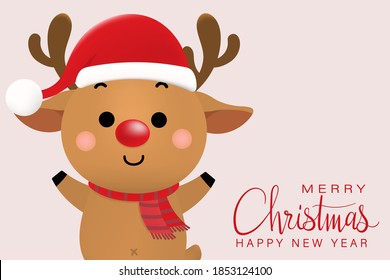 Cute deer, reindeer in winter costume. Merry Christmas and happy new year greeting card.  Animal holidays cartoon character set.