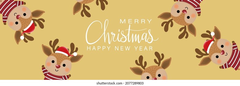 Cute deer, reindeer in winter costume. Merry Christmas and happy new year greeting card.  Animal holidays cartoon character set.