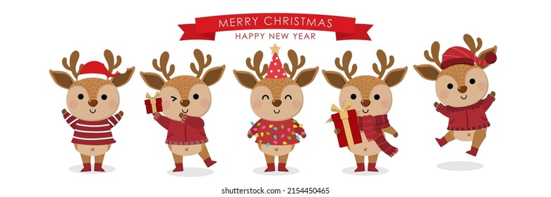 Cute deer, reindeer in winter costume with red gift. Merry Christmas and happy new year greeting card.  Animal holidays cartoon character set.