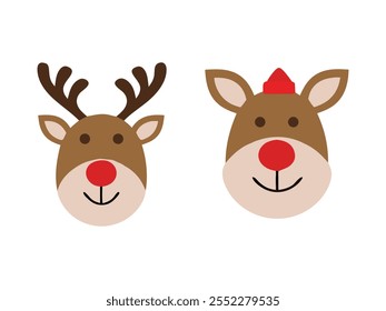 Cute deer, reindeer in winter Merry Christmas and happy new year greeting card. Animal holidays cartoon character set.