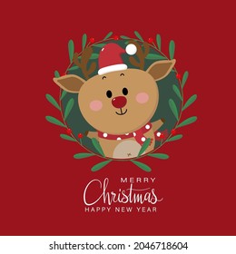 Cute deer, reindeer with wreath in winter costume. Merry Christmas and happy new year greeting card.  Animal holidays cartoon character set.