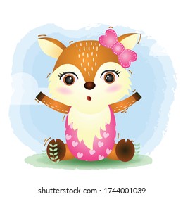 cute deer with ribbon in the children's style. cute cartoon deer with ribbon vector illustration