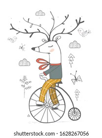 Cute deer riding a bicycle. Hand drawn vector illustration.Can be used for baby t-shirt print, fashion print design, kids wear, baby shower celebration greeting and invitation card.