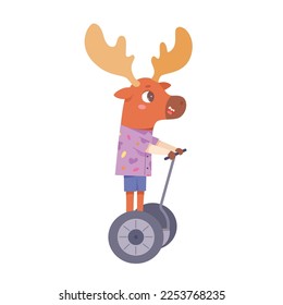 Cute deer riding segway vector illustration. Cartoon baby elk character driving electric scooter in fun city ride, animal on hoverboard with wheels, travel of animal with personal eco transport
