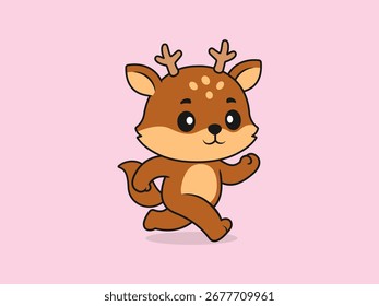Linda pose de correr de ciervos: ilustración de dibujos animados de Vector plano de un personaje de ciervo.