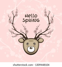Cute deer with sakura horns. Vector illustration with "Hello spring lettering". Animal cartoon character. Season decoration and template for greeting card.