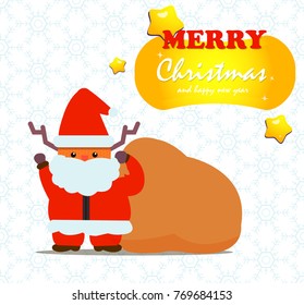 Cute deer Santa Claus with gift bag and snow snowflake pattern background in Christmas day vector illustration.Santa Claus with star and "Merry Christmas and happy new year" in golden text box