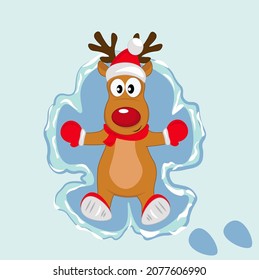 A Cute Deer In A Santa Claus Hat On The Snow Makes A Snow Angel. Cartoon Illustration For Children