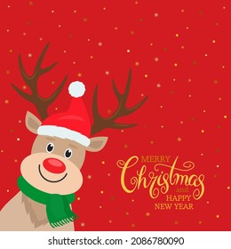 cute deer with Santa Claus hat smiling on a background of golden snowflakes. congratulatory hand lettering. concept of new year and Xmas. vector illustration