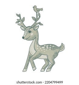 Cute deer in scandinavian style. Funny forest animal. Deer with a bird on the horns. Character doe for children's test. Vector illustration.