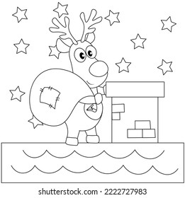 A cute deer in a scarf carries a bag of gifts on the roof by the chimney