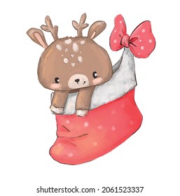 Cute deer with a scarf christmas background. Children's print for t-shirts. Vector illustration