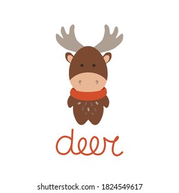 Cute deer with a scarf. Flat style illustration and lettering. 