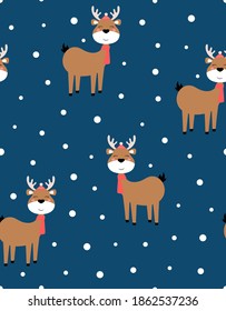 ciervo lindo con pañuelo y sombrero sin costura, fondo de vacaciones de caricatura animal, personaje de vida silvestre, ilustración vectorial de navidad