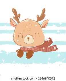 Cute deer with a scarf on a striped background. Children's print for t-shirts. Vector illustration Cute deer with a scarf on a striped background. Children's print for t-shirts. Vector illustration