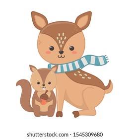 cute deer with scarf and squirrel holding acorn hello autumnvector illustration
