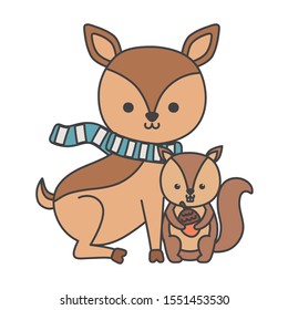cute deer with scarf and squirrel holding acorn hello autumn vector illustration