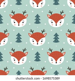 Cute deer seamless pattern. Christmas and New Year background. Winter seamless pattern with funny woodland forest reindeer, Christmas trees and snow. Blue background. Cartoon vector illustration
