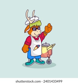 Cute Deer selling ice cream vector llustration, flat cartoon style