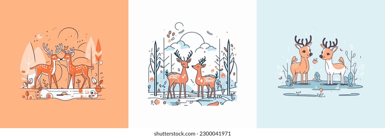 Cute Deer set collection kawaii cartoon illustration