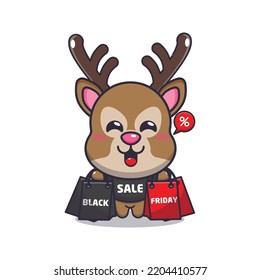 cute deer with shopping bag in black friday cartoon illustration