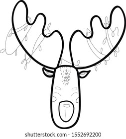 cute deer Single hand drawn New Year greeting cards, posters, stickers and seasonal design. Isolated. Doodle vector illustration, coloring page
