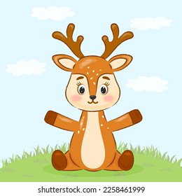 cute deer sits on a green lawn	