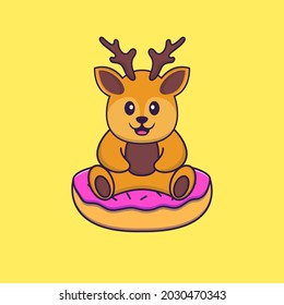 Rute Hirsche sitzt auf Donuts. Konzept der Tierkarikatur einzeln. Kann für T-Shirt, Grußkarte, Einladungskarte oder Maskottchen verwendet werden.