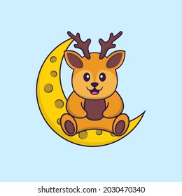 El ciervo lindo está sentado en la luna. El concepto de caricatura animal aislado. Puede usarse para camisetas, tarjetas de felicitación, tarjetas de invitación o mascota.