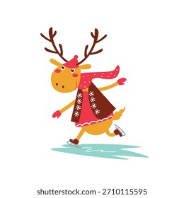 Cute deer skates on the ice. Happy forest animal in winter. Funny cartoon character, hand drawn vector illustration for kids, isolated.  Flat design. Could be used for print, christmas cards etc. 