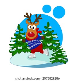 A cute deer skating on a skating rink. Cartoon vector illustration for childrenA cute deer skating on a skating rink. Cartoon vector illustration for children