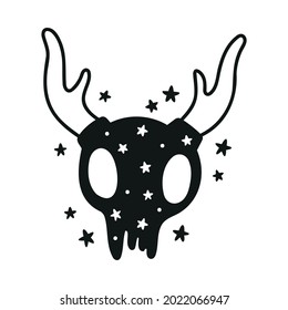 Cute deer skull. Witchy symbol. Black magir ritual element. Isolated vector black and white illustration