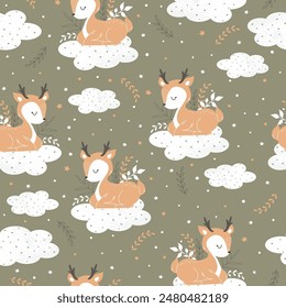 Cute deer sleeping on a cloud among the stars. Baby seamless pattern for posters, fabric prints and postcards. Vector