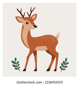 Cute deer with small antlers. Vector illustration in cartoon style for children's fairy tales and stories. Beautiful christmas fawn standing sideways.