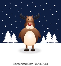 Cute deer in the snow against the backdrop of the night of Christmas trees