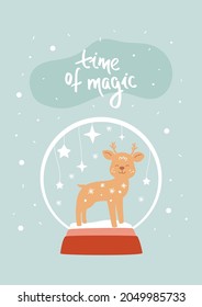 Cute deer in snow ball. Time of magic card with wild baby animal in abstract glass globe with stars. Beautiful Christmas and New year banner, winter vector illustration.
