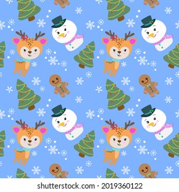Cute deer and snow man with Christmas tree in winter seamless pattern.
