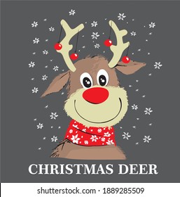 Cute Deer Snow Red Scarf Smiling Christmas