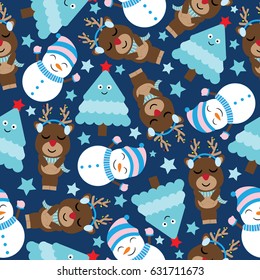 Cute deer, snowman and tree on dark blue background vector cartoon, Xmas Seamless pattern, postcard, and wallpaper, T-shirt design for kids