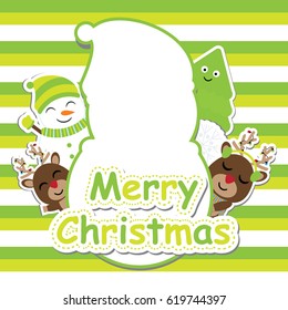 Cute deer, snowman and Xmas tree vector cartoon on green striped background for Xmas postcard, wallpaper, and greeting card, vector illustration
