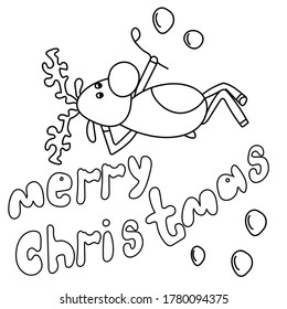 Burbujas de venado y jabón, tarjeta de Navidad, ilustración de vector contorno, ciervo doodle para diseño y creatividad
