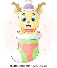 Cute deer in socks with watercolor illustration