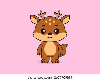 Linda pose frontal de pie de ciervo: ilustración de dibujos animados de Vector plano de un personaje de ciervo.