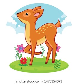 Cute deer standing on a flower meadow. Vector illustration.