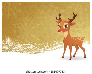 Cute deer standing on a golden background with pattern and sparkles. Vector illustration