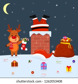 A cute deer is standing on the roof of the house and holding a sock with gifts. Santa Claus legs sticking out of the pipe at home. Red bag with gifts, candy on the snow at night. Cartoon style, vector